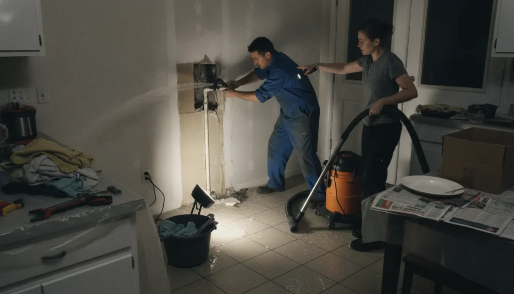Plumber in Lawrenceville fixing a burst pipe in a clean, well-lit workspace, cost-focused emergency repair