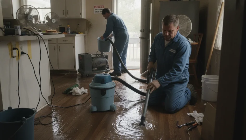 A wet/dry vac speeds up small to mid-size jobs; pumps handle larger water. Keep plugs and outlets dry and away from puddles.
