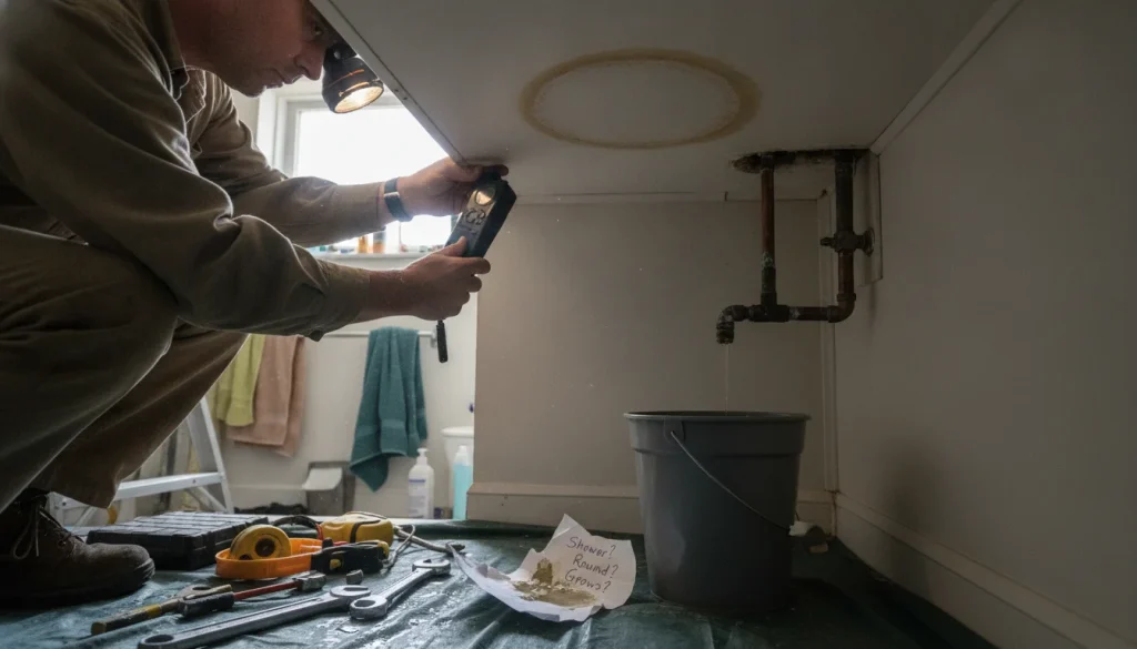 Round, expanding ceiling stain near a bathroom with soft floor spots—hidden water leak signs in Lawrenceville