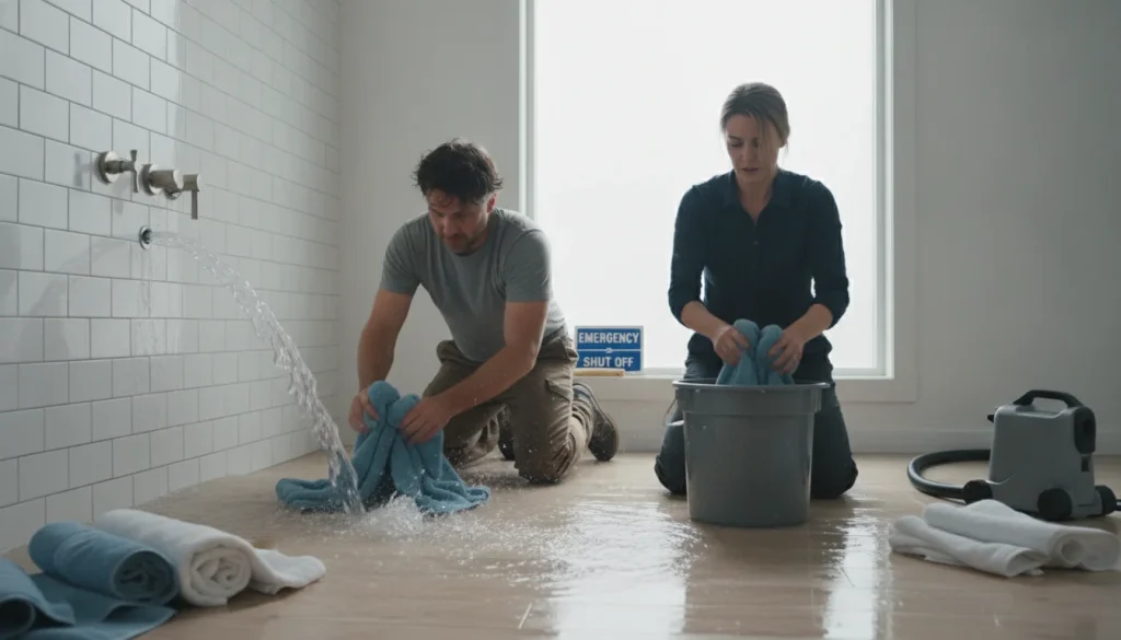 Burst pipe in a modern bathroom with residents mopping water with towels—what to do when a pipe bursts in Lawrenceville